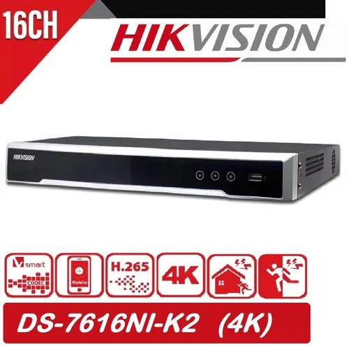 Hikvision 16 channel NVR with [2 SATA port] for IP CCTV Cameras up to 4K resolution with HDMI and VGA Output, Motion detection